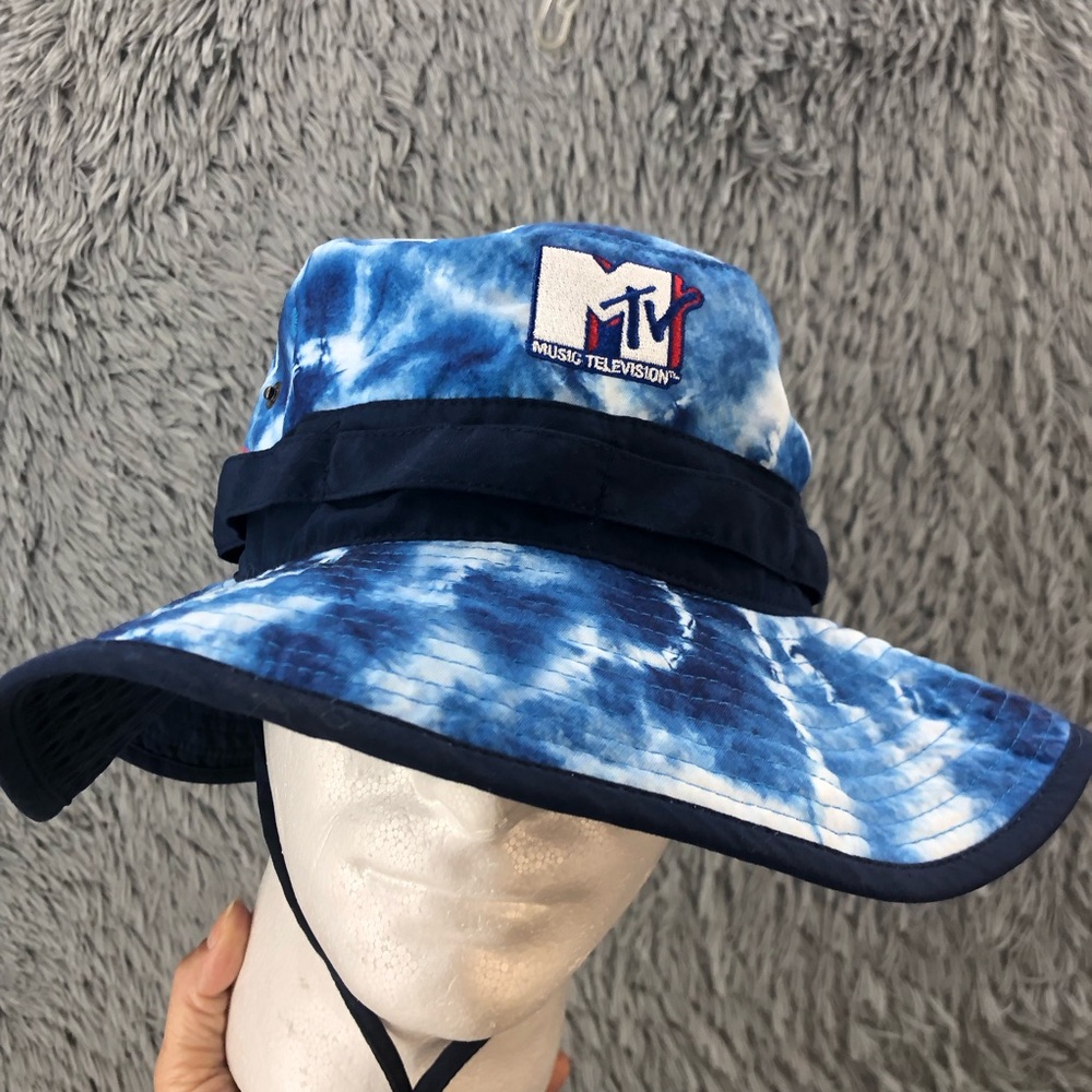 MTV Music Television Blue Tie Dye Sun Hat Bucket Drawstring Navy Band Floppy